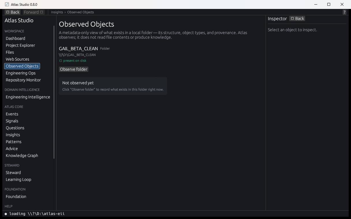 The Atlas application before observation, reporting that nothing has been observed yet rather than showing an empty dashboard