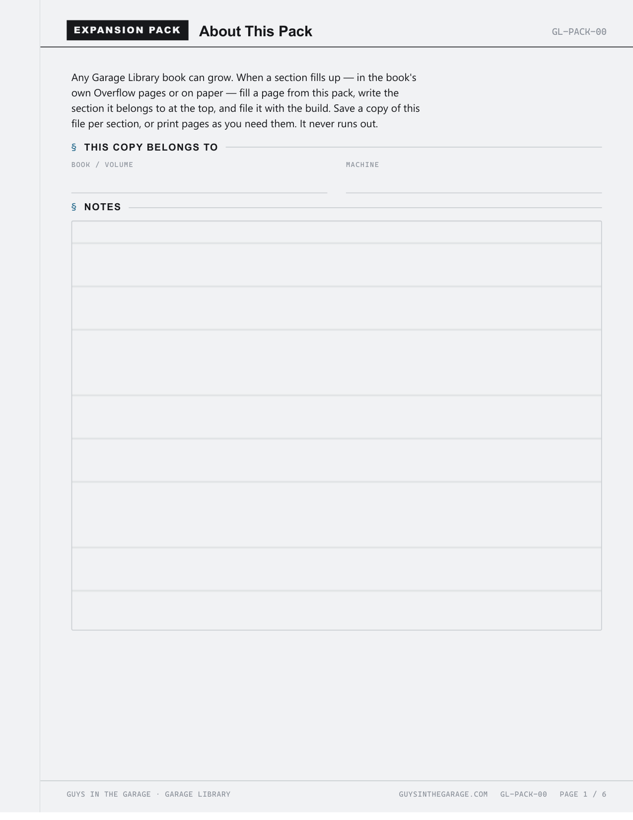 First page of the Garage Library Expansion Pack, headed About This Pack, with fields for the copy owner and notes