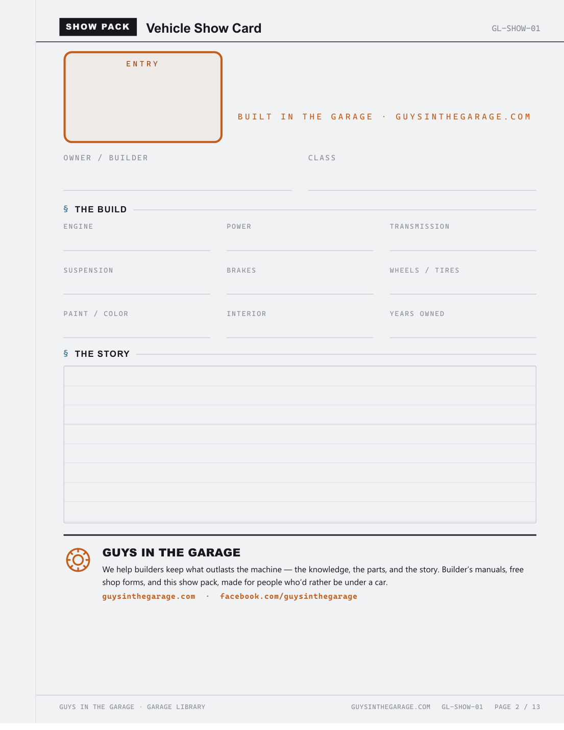 Garage Library Show Pack — show card page